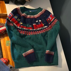 Festive Green Sweater with Train Design
